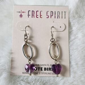 Peyote Bird Santa Fe Sterling Silver & Purple Crystal Heart Hoop Drop Earrings